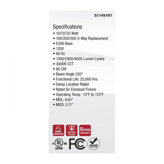 SATCO/NUVO Wattage Selectable 10W/22W/33W PS25 LED Three-Way Lamp E39D Mogul Base 3000K White Finish 120V (S11491R1)