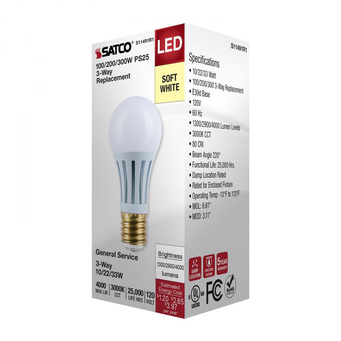 SATCO/NUVO Wattage Selectable 10W/22W/33W PS25 LED Three-Way Lamp E39D Mogul Base 3000K White Finish 120V (S11491R1)