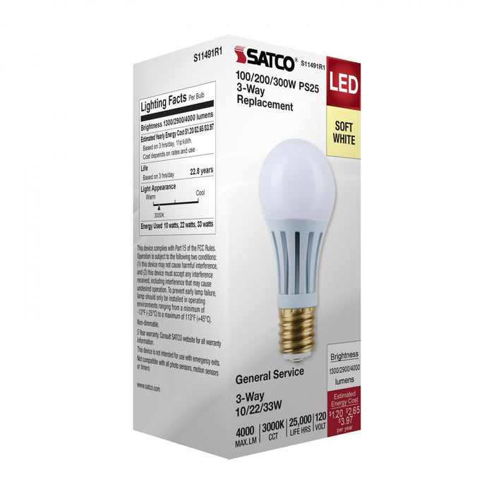 SATCO/NUVO Wattage Selectable 10W/22W/33W PS25 LED Three-Way Lamp E39D Mogul Base 3000K White Finish 120V (S11491R1)