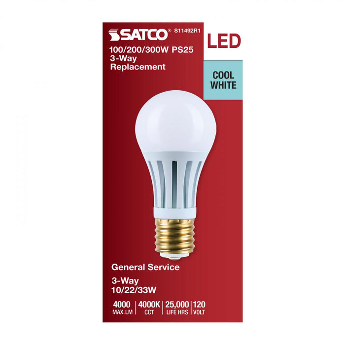 SATCO/NUVO Wattage Selectable 10W/22W/33W PS25 LED Three-Way Lamp E39D Mogul Base 4000K White Finish 120V (S11492R1)