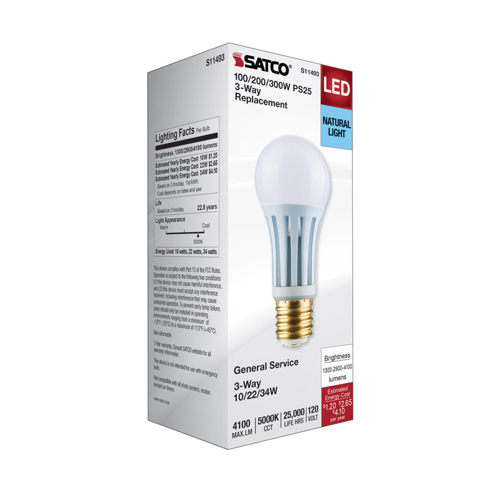 SATCO/NUVO 10W/22W/34W PS25 LED Three-Way Lamp E39D Mogul Base 5000K White Finish 120V (S11493)