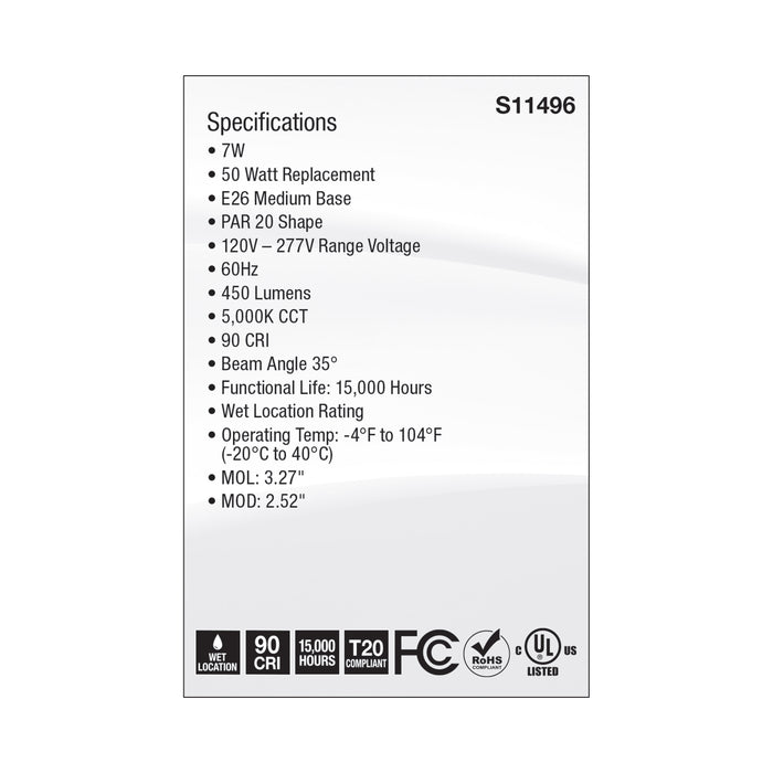SATCO/NUVO 7W Economy LED PAR20 5000K 35 Degree Beam Angle Medium Base 120-277V Silver Finish (S11496)