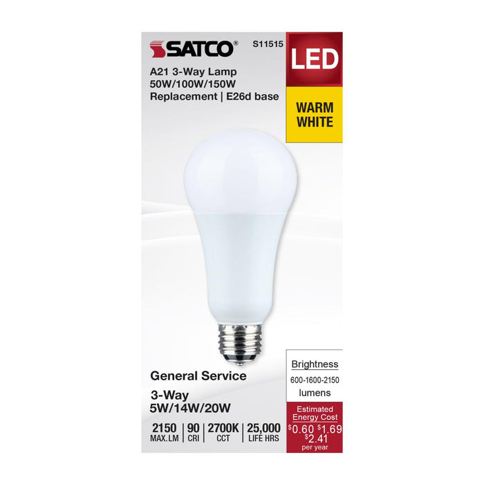 SATCO/NUVO Wattage Selectable 5W/14W/20W A21 LED 3-Way Lamp White Finish 2700K Medium Double Contact Base 120V (S11515)