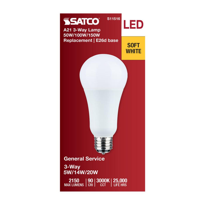 SATCO/NUVO Wattage Selectable 5W/14W/20W A21 LED 3-Way Lamp White Finish 3000K Medium Double Contact Base 120V (S11516)