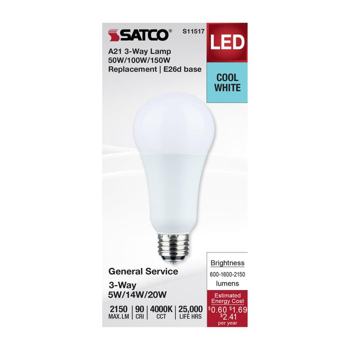 SATCO/NUVO Wattage Selectable 5W/14W/20W A21 LED 3-Way Lamp White Finish 4000K Medium Double Contact Base 120V (S11517)