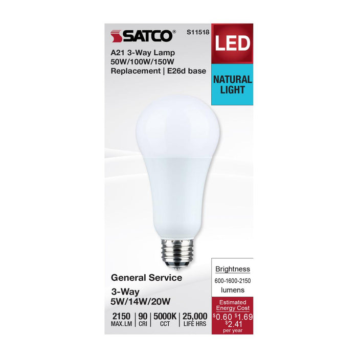 SATCO/NUVO Wattage Selectable 5W/14W/20W A21 LED 3-Way Lamp White Finish 5000K Medium Double Contact Base 120V (S11518)