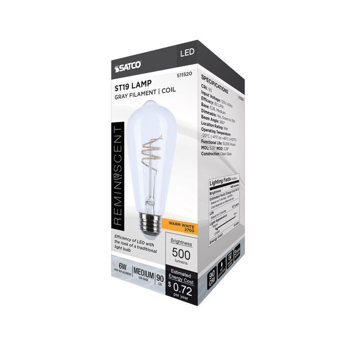 SATCO/NUVO 6W LED Flex Gray Coil Filament ST19 2700K 500Lm 120V Dimmable Medium E26 Base Clear (S11520)