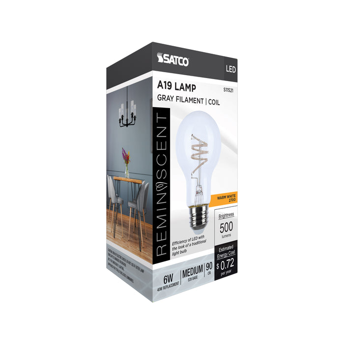 SATCO/NUVO 6W LED Flex Gray Coil Filament A19 2700K 500Lm 120V Dimmable Medium E26 Base Clear (S11521)
