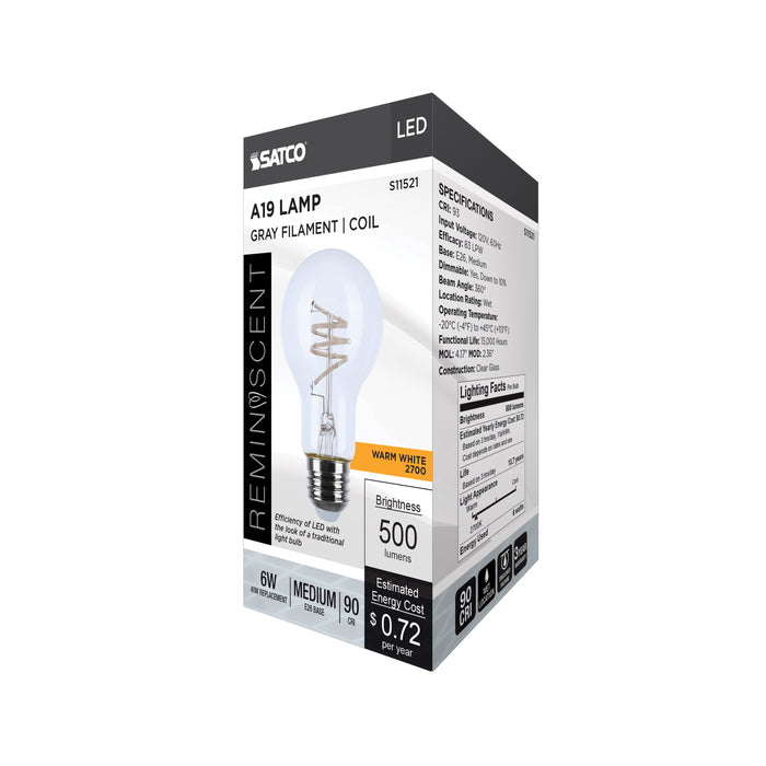 SATCO/NUVO 6W LED Flex Gray Coil Filament A19 2700K 500Lm 120V Dimmable Medium E26 Base Clear (S11521)