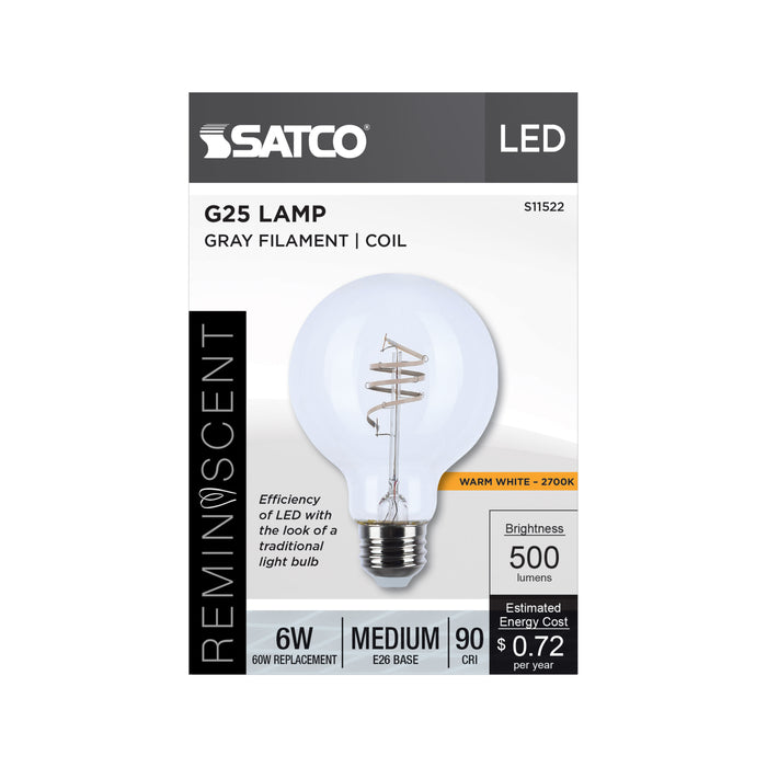 SATCO/NUVO 6W LED Flex Gray Coil Filament G25 2700K 500Lm 120V Dimmable Medium E26 Base Clear (S11522)