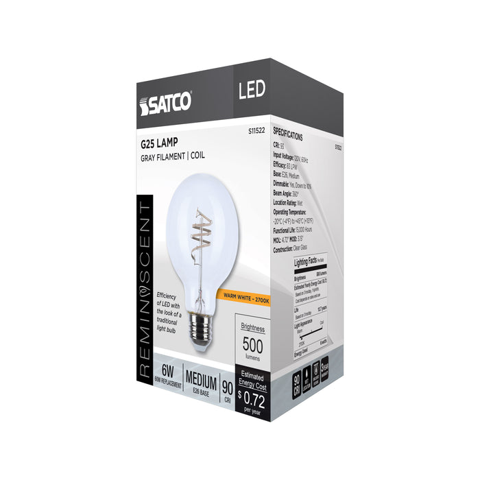 SATCO/NUVO 6W LED Flex Gray Coil Filament G25 2700K 500Lm 120V Dimmable Medium E26 Base Clear (S11522)