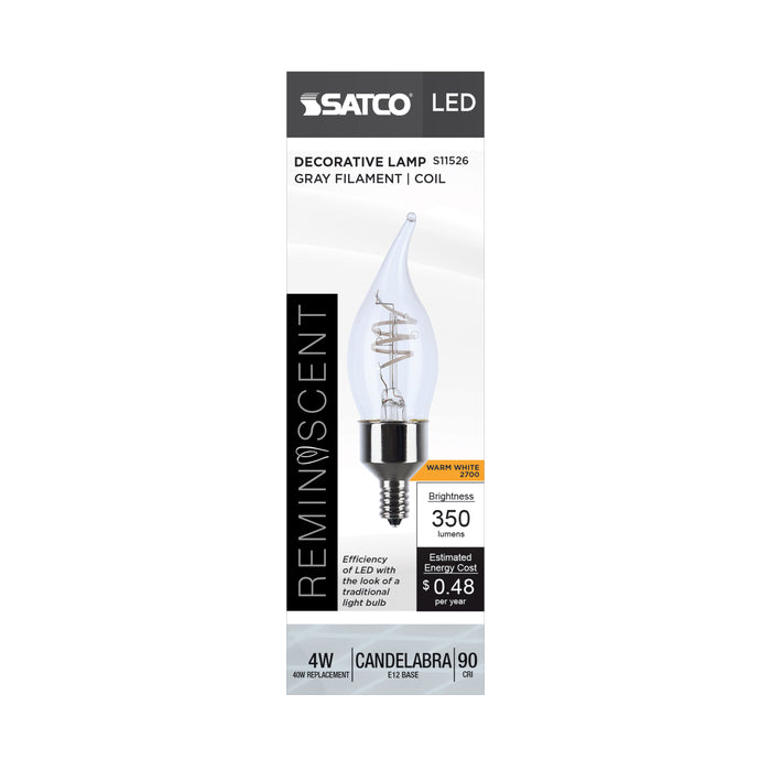 SATCO/NUVO 4W LED Flex Gray Coil Filament CA11 2700K 350Lm 120V Dimmable Candelabra E12 Base Clear (S11526)