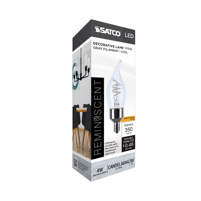SATCO/NUVO 4W LED Flex Gray Coil Filament CA11 2700K 350Lm 120V Dimmable Candelabra E12 Base Clear (S11526)