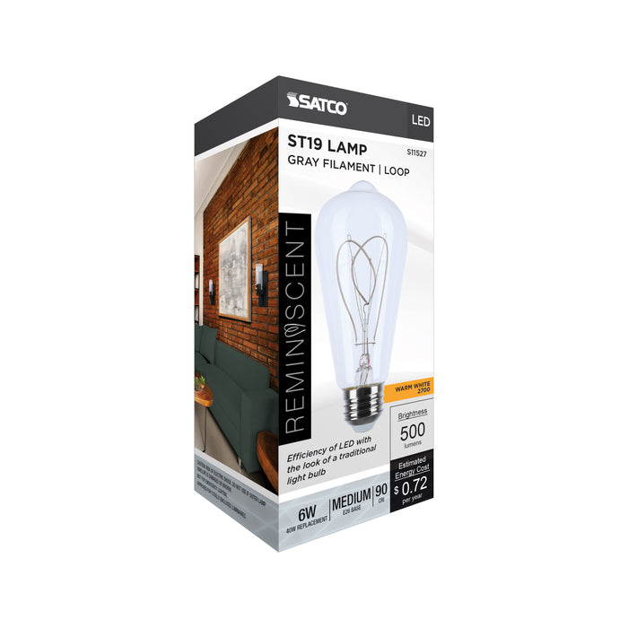 SATCO/NUVO 6W LED Flex Gray Filament ST19 Loop 2700K 500Lm 120V Dimmable Medium E26 Base Clear (S11527)