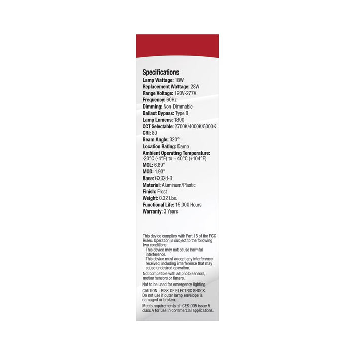 SATCO/NUVO 18W LED PL Bulb GX32d-3 Base CCT Selectable 2700K/4000K/5000K 1800Lm Non-Dimmable Frost (S11546)