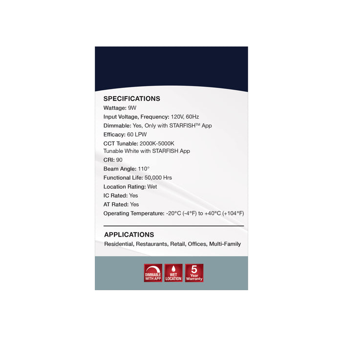 SATCO/NUVO 9W LED Direct Wire Low Profile Downlight 4 Inch Round Starfish IOT Tunable White And RGB 120V 90 CRI White Finish (S11560)