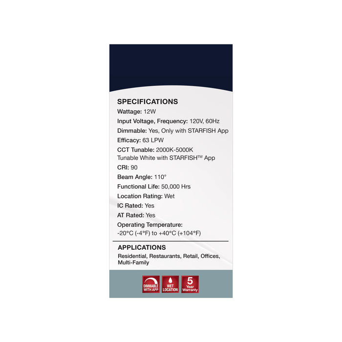 SATCO/NUVO 12W LED Direct Wire Low Profile Downlight 6 Inch Square Starfish IOT Tunable White And RGB 120V 90 CRI White Finish (S11563)