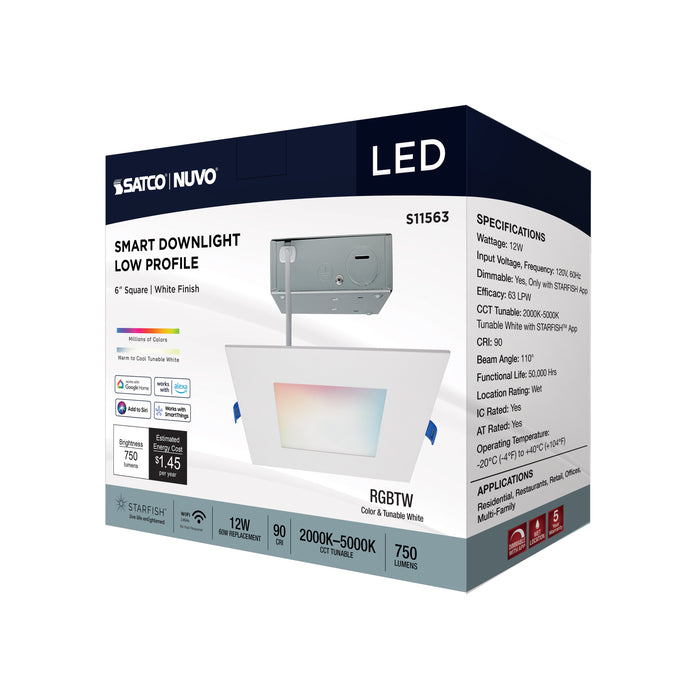 SATCO/NUVO 12W LED Direct Wire Low Profile Downlight 6 Inch Square Starfish IOT Tunable White And RGB 120V 90 CRI White Finish (S11563)
