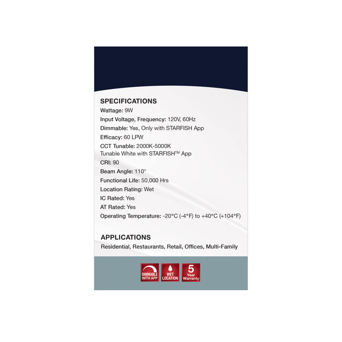 SATCO/NUVO 9W LED Direct Wire Low Profile Regress Baffle Downlight 4 Inch Round Starfish IOT Tunable White And RGB 120V 90 CRI White Finish (S11564)