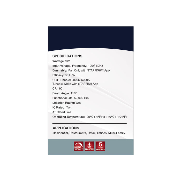 SATCO/NUVO 9W LED Direct Wire Low Profile Regress Baffle Downlight 4 Inch Square Starfish IOT Tunable White And RGB 120V 90 CRI White Finish (S11565)