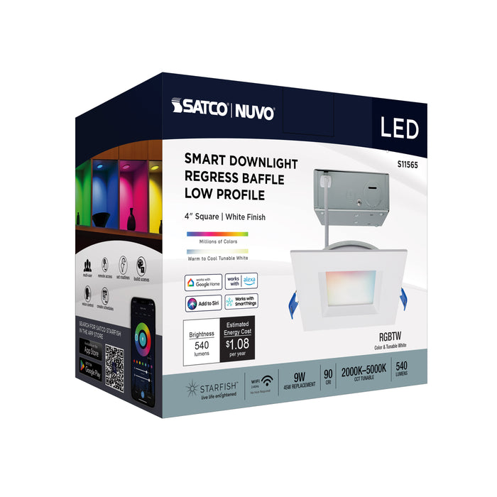 SATCO/NUVO 9W LED Direct Wire Low Profile Regress Baffle Downlight 4 Inch Square Starfish IOT Tunable White And RGB 120V 90 CRI White Finish (S11565)