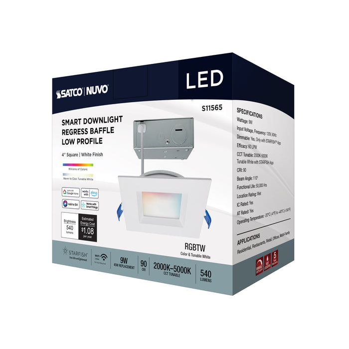 SATCO/NUVO 9W LED Direct Wire Low Profile Regress Baffle Downlight 4 Inch Square Starfish IOT Tunable White And RGB 120V 90 CRI White Finish (S11565)