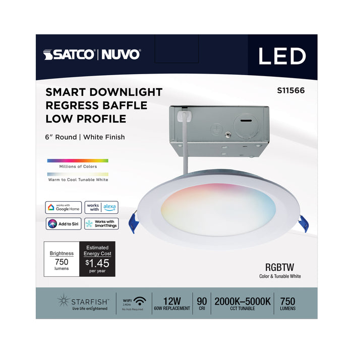 SATCO/NUVO 12W LED Direct Wire Low Profile Regress Baffle Downlight 6 Inch Round Starfish IOT Tunable White And RGB 120V 90 CRI White Finish (S11566)