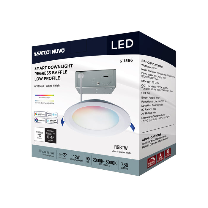 SATCO/NUVO 12W LED Direct Wire Low Profile Regress Baffle Downlight 6 Inch Round Starfish IOT Tunable White And RGB 120V 90 CRI White Finish (S11566)