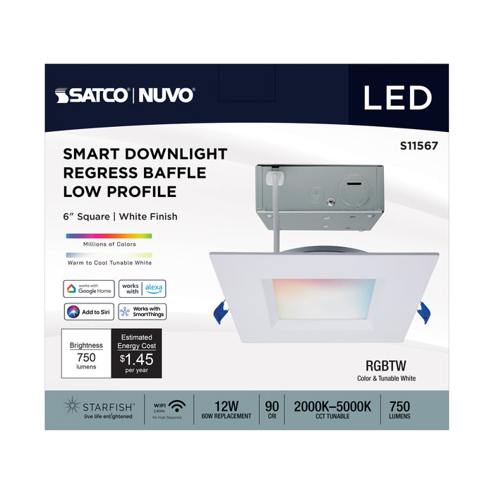 SATCO/NUVO 12W LED Direct Wire Low Profile Regress Baffle Downlight 6 Inch Square Starfish IOT Tunable White And RGB 120V 90 CRI White Finish (S11567)