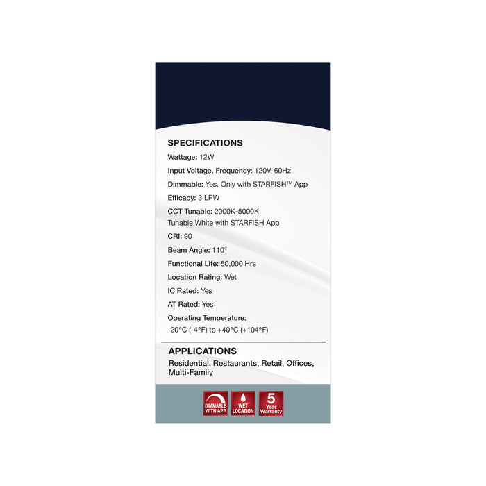 SATCO/NUVO 12W LED Direct Wire Low Profile Regress Baffle Downlight 6 Inch Square Starfish IOT Tunable White And RGB 120V 90 CRI White Finish (S11567)