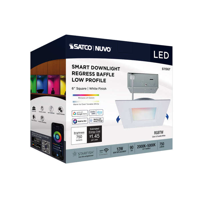 SATCO/NUVO 12W LED Direct Wire Low Profile Regress Baffle Downlight 6 Inch Square Starfish IOT Tunable White And RGB 120V 90 CRI White Finish (S11567)