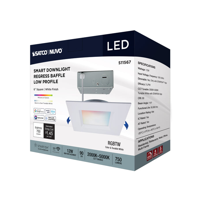 SATCO/NUVO 12W LED Direct Wire Low Profile Regress Baffle Downlight 6 Inch Square Starfish IOT Tunable White And RGB 120V 90 CRI White Finish (S11567)