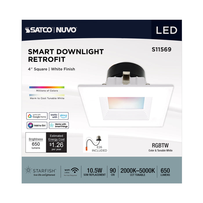 SATCO/NUVO 10.5W LED Retrofit Downlight 4 Inch Square Starfish IOT RGB/Tunable White 120V 90 CRI White Finish (S11569)