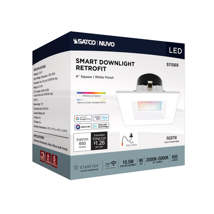 SATCO/NUVO 10.5W LED Retrofit Downlight 4 Inch Square Starfish IOT RGB/Tunable White 120V 90 CRI White Finish (S11569)