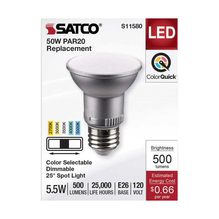 SATCO/NUVO LED CCT Selectable PAR20 Lamp 5.5W 500Lm CCT Selectable 2700K/3000K/3500K/4000K/5000K 120V 90 CRI Dimmable (S11580)