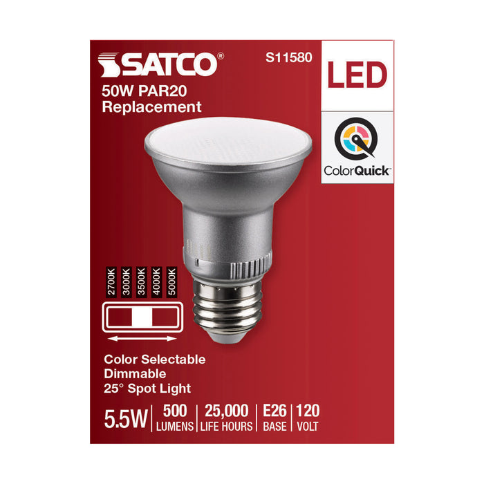 SATCO/NUVO LED CCT Selectable PAR20 Lamp 5.5W 500Lm CCT Selectable 2700K/3000K/3500K/4000K/5000K 120V 90 CRI Dimmable (S11580)