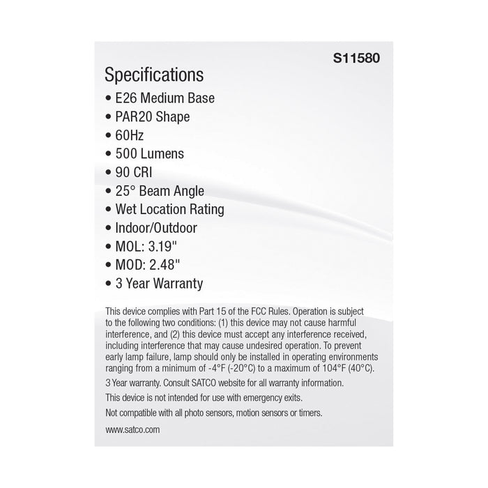 SATCO/NUVO LED CCT Selectable PAR20 Lamp 5.5W 500Lm CCT Selectable 2700K/3000K/3500K/4000K/5000K 120V 90 CRI Dimmable (S11580)