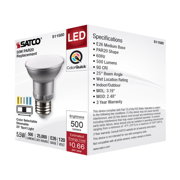 SATCO/NUVO LED CCT Selectable PAR20 Lamp 5.5W 500Lm CCT Selectable 2700K/3000K/3500K/4000K/5000K 120V 90 CRI Dimmable (S11580)