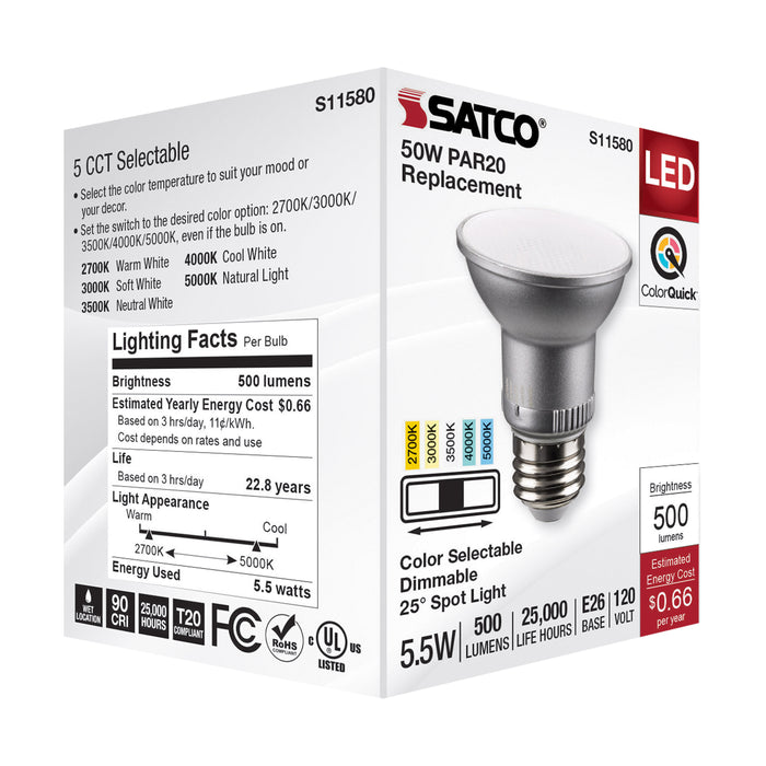 SATCO/NUVO LED CCT Selectable PAR20 Lamp 5.5W 500Lm CCT Selectable 2700K/3000K/3500K/4000K/5000K 120V 90 CRI Dimmable (S11580)