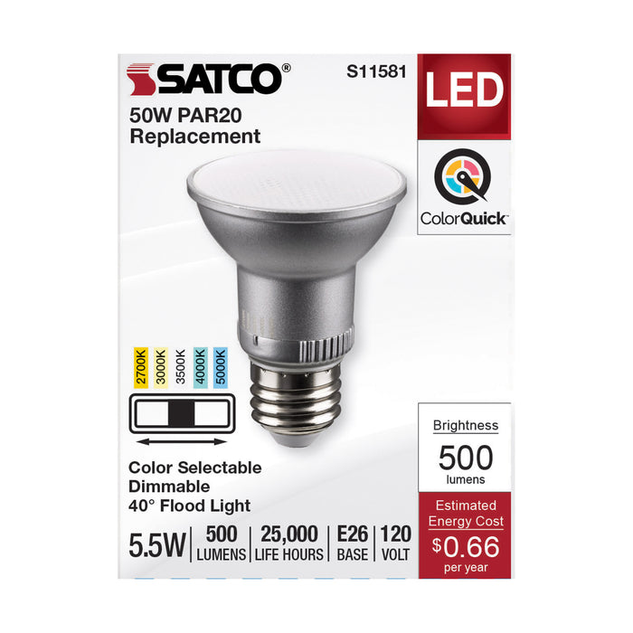 SATCO/NUVO LED CCT Selectable PAR20 Lamp 5.5W 500Lm CCT Selectable 2700K/3000K/3500K/4000K/5000K 120V 90 CRI Dimmable (S11581)