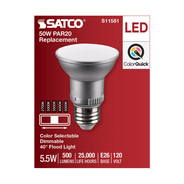 SATCO/NUVO LED CCT Selectable PAR20 Lamp 5.5W 500Lm CCT Selectable 2700K/3000K/3500K/4000K/5000K 120V 90 CRI Dimmable (S11581)