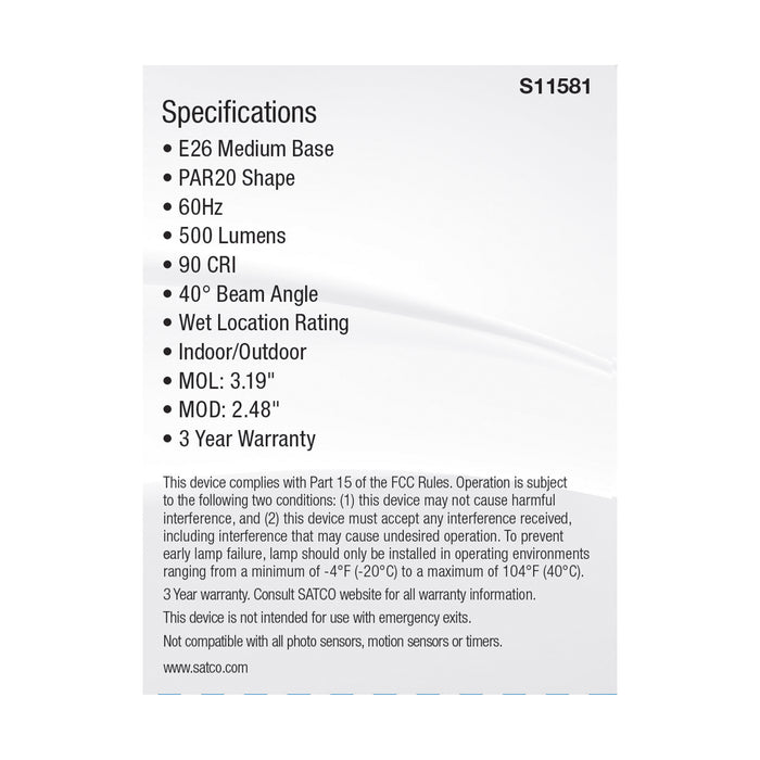 SATCO/NUVO LED CCT Selectable PAR20 Lamp 5.5W 500Lm CCT Selectable 2700K/3000K/3500K/4000K/5000K 120V 90 CRI Dimmable (S11581)
