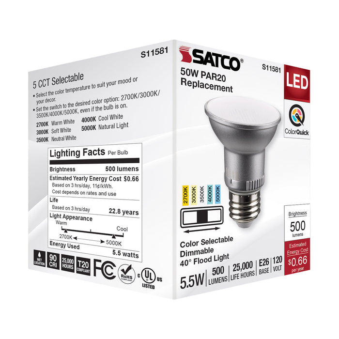 SATCO/NUVO LED CCT Selectable PAR20 Lamp 5.5W 500Lm CCT Selectable 2700K/3000K/3500K/4000K/5000K 120V 90 CRI Dimmable (S11581)