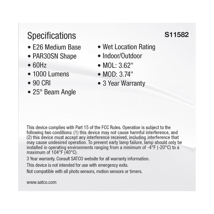 SATCO/NUVO LED CCT Selectable PAR30 Lamp 11W 1000Lm CCT Selectable 2700K/3000K/3500K/4000K/5000K 120V 90 CRI Dimmable (S11582)