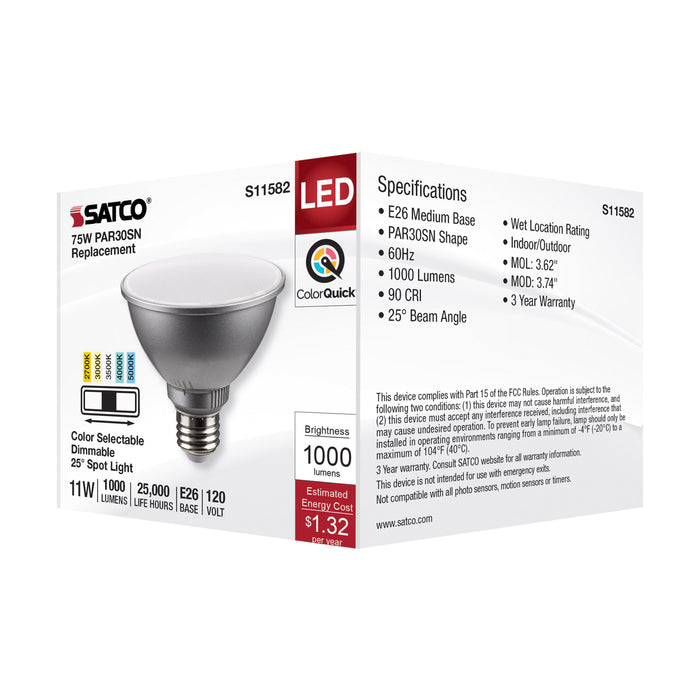 SATCO/NUVO LED CCT Selectable PAR30 Lamp 11W 1000Lm CCT Selectable 2700K/3000K/3500K/4000K/5000K 120V 90 CRI Dimmable (S11582)
