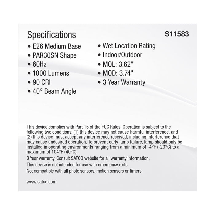SATCO/NUVO LED CCT Selectable PAR30 Lamp 11W 1000Lm CCT Selectable 2700K/3000K/3500K/4000K/5000K 120V 90 CRI Dimmable (S11583)