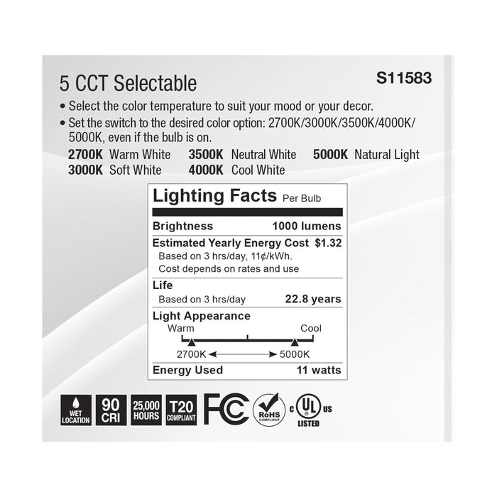 SATCO/NUVO LED CCT Selectable PAR30 Lamp 11W 1000Lm CCT Selectable 2700K/3000K/3500K/4000K/5000K 120V 90 CRI Dimmable (S11583)