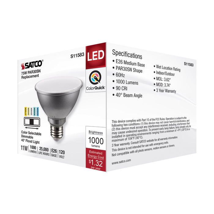 SATCO/NUVO LED CCT Selectable PAR30 Lamp 11W 1000Lm CCT Selectable 2700K/3000K/3500K/4000K/5000K 120V 90 CRI Dimmable (S11583)