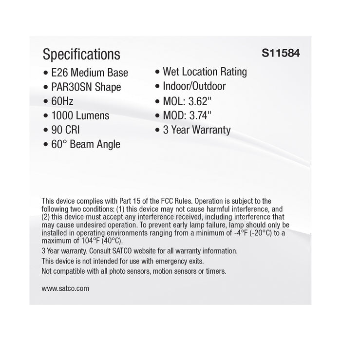SATCO/NUVO LED CCT Selectable PAR30 Lamp 11W 1000Lm CCT Selectable 2700K/3000K/3500K/4000K/5000K 120V 90 CRI Dimmable (S11584)