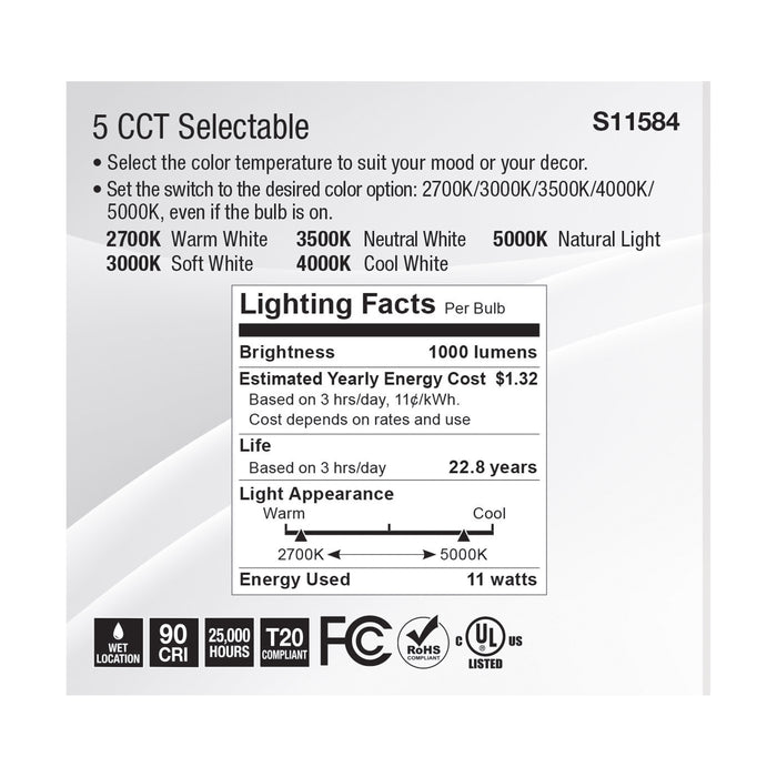 SATCO/NUVO LED CCT Selectable PAR30 Lamp 11W 1000Lm CCT Selectable 2700K/3000K/3500K/4000K/5000K 120V 90 CRI Dimmable (S11584)